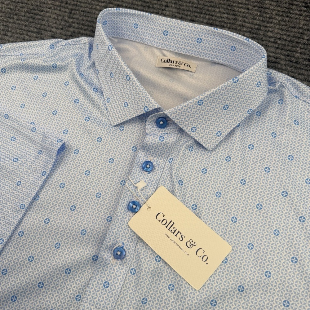 Collars and Co Collar Polo Shirt Mens Size 2XL Baby Blue Geometric NWT